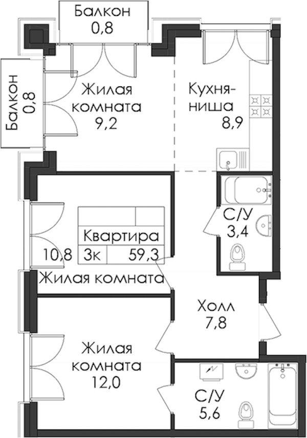 2-комнатная квартира 59.3 м², 4/7 эт., ЖК «Лермонтовский 54»